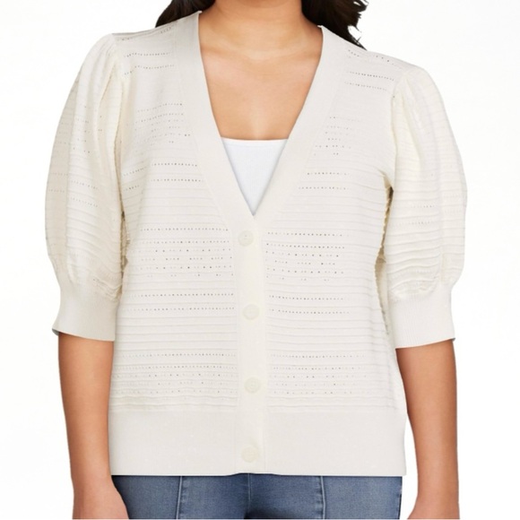 Womens Large Time and Tru Puff Sleeve Sweater Short Sleeve Shirt White Cardigan - Picture 1 of 5